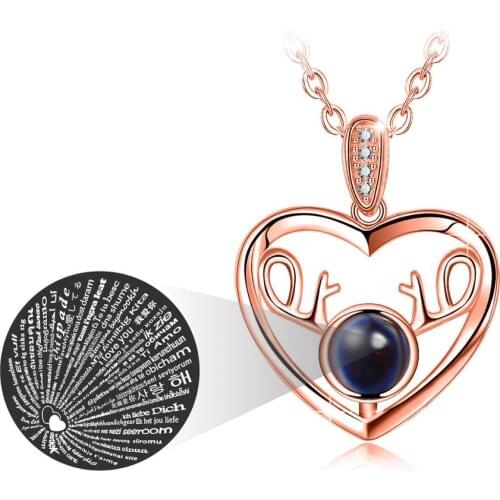 EUDORA 925 Sterling Silver Cute elk Heart Pendant Necklace i love you 100 language Crystal necklace for Women Valentines day