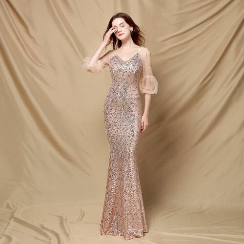 Prom Dresses 2021 Sexy V Neck Elastic Tassel Sequin Mermaid Party Dress Vestido De Festa Half Sleeve Long Prom Gown Dress Prom