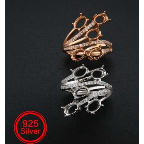 4x6MM Oval Prong Ring Settings Blank Adjustable 5 Stones Luxury Rose Gold Plated Solid 925 Sterling Silver DIY Bezel 1224042