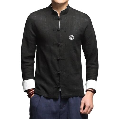 Plus Size 5XL Oversized Long Sleeve Shirt for Men Black Chinese Elements Embroidery Printing Cotton Linen Retro Tops