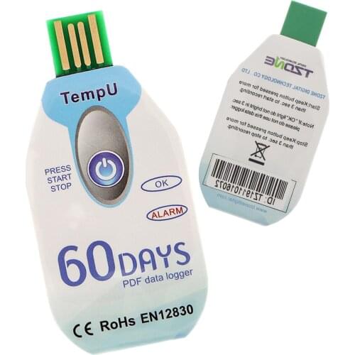 Temperature Data Logger 60 Days Waterproof USB 2.0 PDF Disposable Cold Chain Temperature Recorde 10000 Points for Medicine