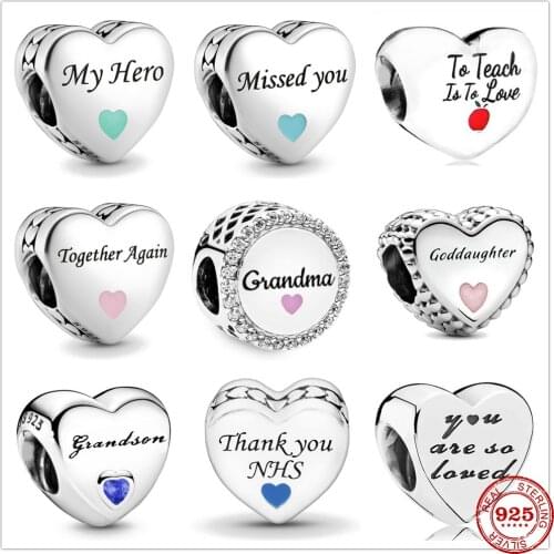 Heart Shape 925 Sterling Silver Grandma Goddaughter Grandson Charm Fit Original Charms Pandora Bracelet Bead Jewelry making Gift