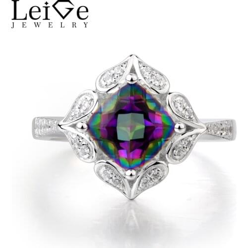 Leige Jewelry Mystic Topaz Ring Fire Rainbow Topaz Ring Solid 925 Sterling Silver Gifts for Her Fine Jewelry Cushion Cut Gems