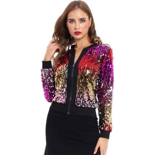 Women Sequin Coat Bomber Jacket Long Sleeve Zipper Streetwear Casual Loose Glitter Outerwear 2021 New Fashion Female Autumn Coat