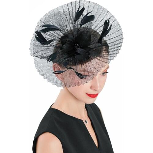 Hot Sale Fedora Hat Black Fascinator For Women Elegant Church Polyester Headpiece Wedding Fashion Party Net Yarn Feather Cap