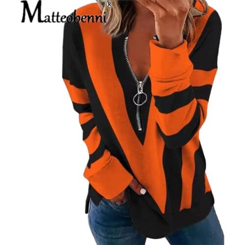 Long Sleeve Zipper Loose Women T Shirt Autumn Fashion Casual Striped Print Ladies Top 2021 V-Neck Street Clothing Pullovers Tee