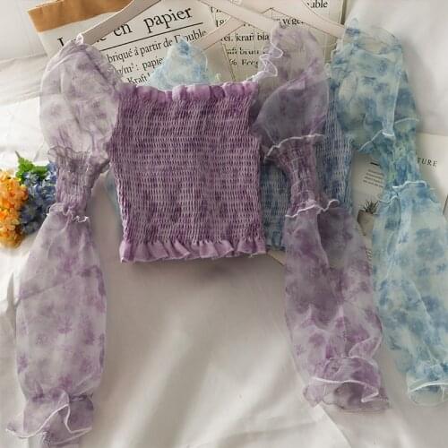 Women Short Voile Blouse Shirt Slim Elastic Blouse Ladies V-neck Flower Printed Long Lantern SleevesBlouses Feminine Sweet Tops