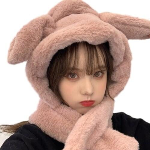 Women Cute Bunny Fluffy Plush Earflap Hat with Moving Jumping Rabbit Ears Thicken Warm Beanie Cap Neck Warmer Scarf