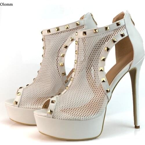 Olomm Handmade Women Summer Platform Sandals Air Mesh Studs Sexy Stiletto Open Toe Elegant White Wedding Shoes US Size 5-20