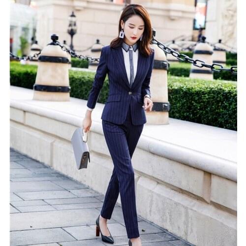 High Quality Fabric Women Business Suits With Jackets and Pants Fashion Striped 2019 Spring Autumn Professional Pants Suits