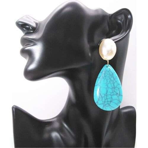 Blue Teardrop Pearl Big Gold Color Trendy Geometric Statement Earring Women Girl Hanging Fashion Jewelry Drop Earrings