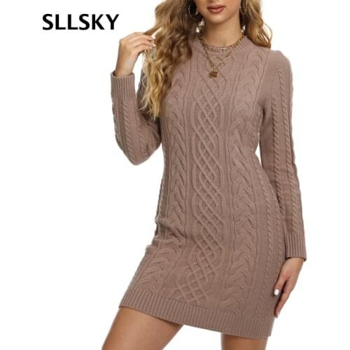 SLLSKY Solid Sexy Knitted Women Dress 2021 Autumn New O-neck Pullover Sweater Dress Female Long Sleeve Twist Slim Mini Dress