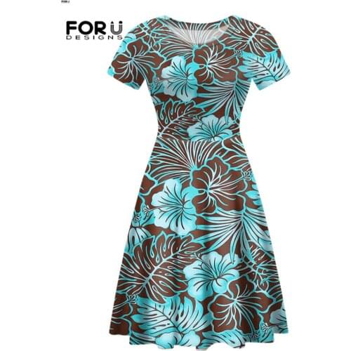 FORUSEDIGNS Hawaiian Palm Leaf Hibiscus Flower Women Short Sleeves Dress Round Neck Lightweight Clothing Hot Selling De Fiesta