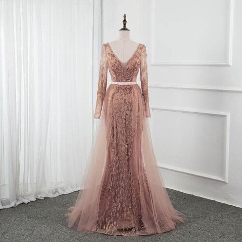 YQLNNE Vestidos 2020 Rose Gold Full Sleeve Evening Dresses Long Glitter Tulle Handmade Beading Evening Party Gown For Women