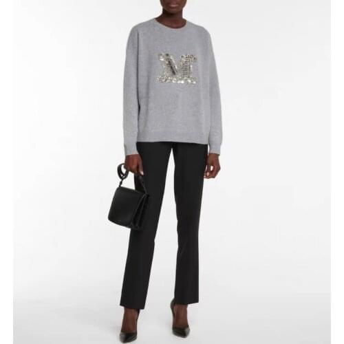 100% Cashmere Women Knitted Tops 2021 New Beaded Letters Classic Cashmere Sweater Loose