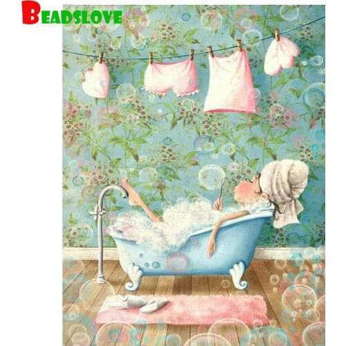 2020 Diy puzzles diamond embroidery Cartoon girl bathing full square round drill mosaic 3d diy diamond painting bathroom sticker