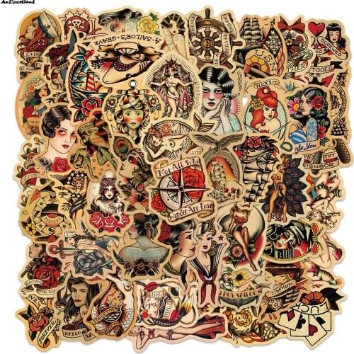 50pcs Retro Old School Tattoo Style Sticker Graffiti Beauty Decal For Refrigerator Skateboard Trolley Case Backpack Table