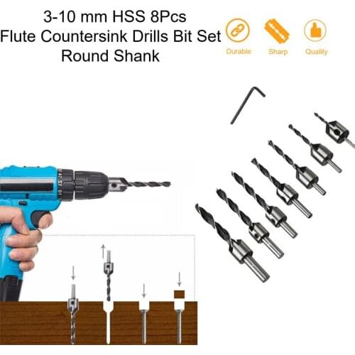 8PCS 3-10MM Woodworking 5 Flute Countersink Chamfer Drill Bit Set 3 Tips High Speed HSS Countersunk Carpentry Reamer