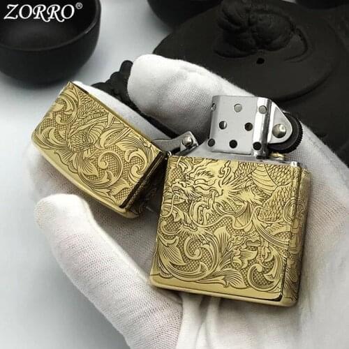 Zorro Gasoline Lighter Pure Copper Brass Kerosene Lighter Fine Carving Tang Grass Dragon Metal Craft Men Gift