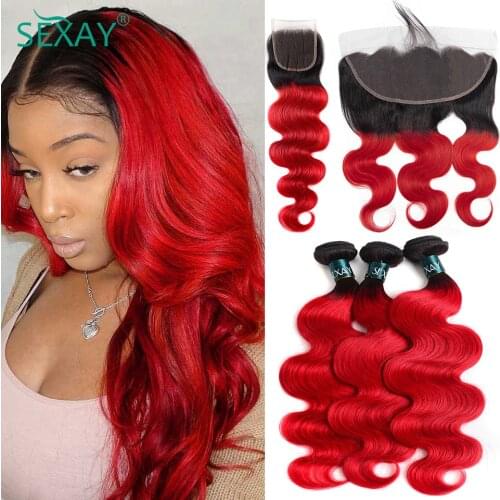 Sexay Ombre Human Hair 4 Bundles With Closure One Pack Dark Roots T1B/Red Body Wave Peruvian Hair Bundles Weaving With Closure