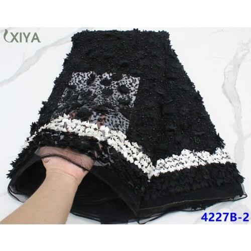 Black Nigerian Net Lace Fabrics with Beads High Quality French Tulle Lace Materials African Handmade Beads Lace Fabric APW3287B