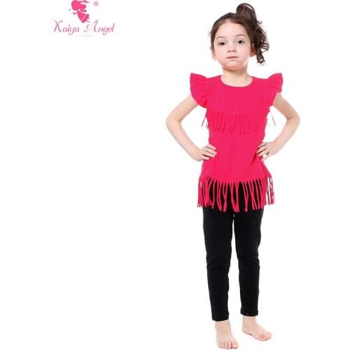 2017 Kids Clothes Girls Summer Girls Clothing Sets Tassel Hot Pink Shirt Leggings 2 Pcs Suit Black Leggings Wholesale 1-8T