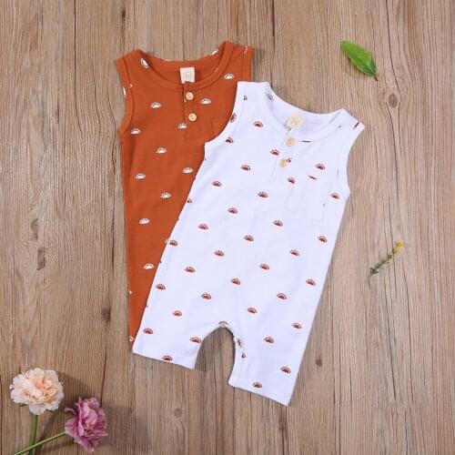 Newborn Cotton Sleeveless Romper Baby Boys Girls Sun Print Button Jumpsuits with Pocket Children Infant Kids Casual Outwear
