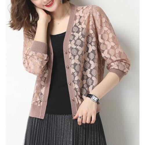 Lace Cardigan Women Summer Thin Hollow Out Sunscreen Shirt Female Korean V-neck Air Conditioning Cardigan Tops Plus Size