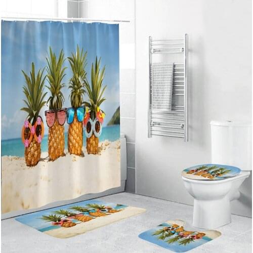 Cool Personality Pineapple 3d Shower Curtain Beach Fabric Bathroom Curtains Non-slip Bath Mat Lid Toilet Rug Set Home Decoration