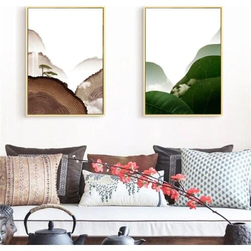 Creative Chinese Style Abstract Landscape Green Leaf Tree Canvas Painting Living Room Poster Wall Picture Scandinavian Decor