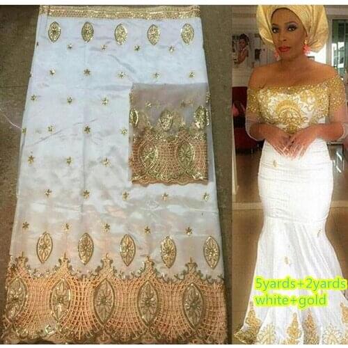 White and gold 5yards African george lace fabric + 2yards French net lace fabric sets high quality for making fashion dress