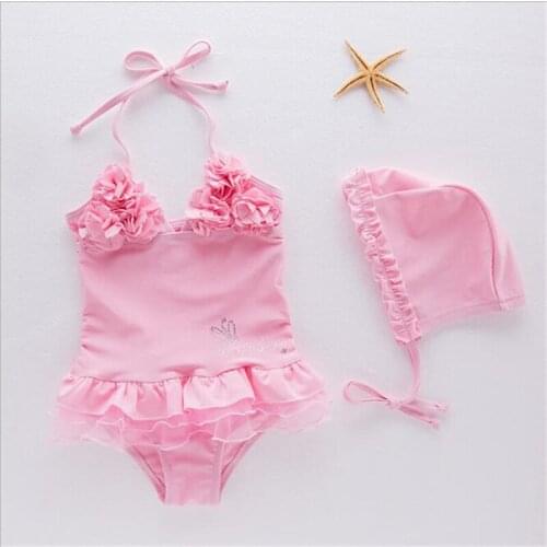 Cute Ballet Pink applique Flowers Children Swimwear Swim clothing baby bikini Girls One-piece Swimsuit +hat Printed 2-6yrs