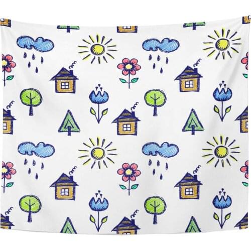 Cute Childish House Sun Cloud Rain Flowers Tree Colorful Endless Doodle with Line Drawing Sketch Tapestry Home Decor Wall