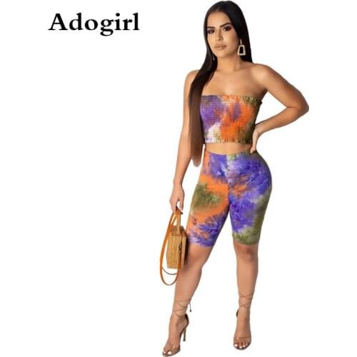 Adogirl Sexy Tie Dye Galaxy Prints 2 Piece Set Summer Sleeveless Wrapped Chest Pleated Short Top+ Pants Bohemian Tracksuit