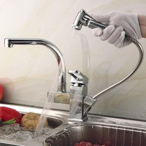 360 Degree Swivel Centerset Contemporary Two Spouts Kitchen Faucet Pull Out Polished Chrome Basin Hot Cold Water Mixer Brass Tap