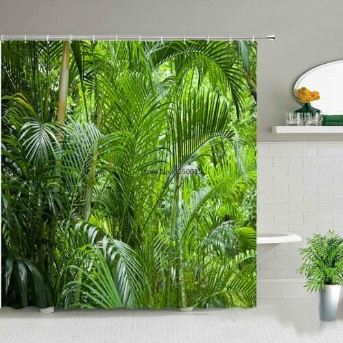 Tropical Green Plant Palm Leaf Tulip Pink Flower Shower Curtains Fashion Bathroom Curtain Waterproof Bathtub Decor Bath Screen