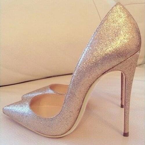 Newest Silver Glitter High Heel Shoes 10 12cm Pointed Toe Shallow Wedding Shoes Bride Paillette Stiletto Heel Celebrating Pumps