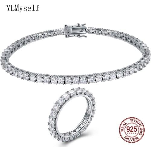 Solid 925 Sterling Silver Tennis Bracelet(7") Ring Set Pave Stunning 3mm Cubic Zirconia Bridal Eternal Jewelry for Wedding