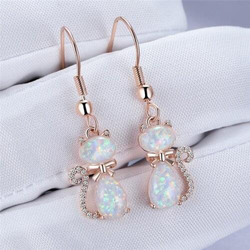 Boho Female Crystal Cat Drop Earrings Charm Rose Gold Color Wedding Earrings Cute Bow Blue Opal Dangle Earrings For Women