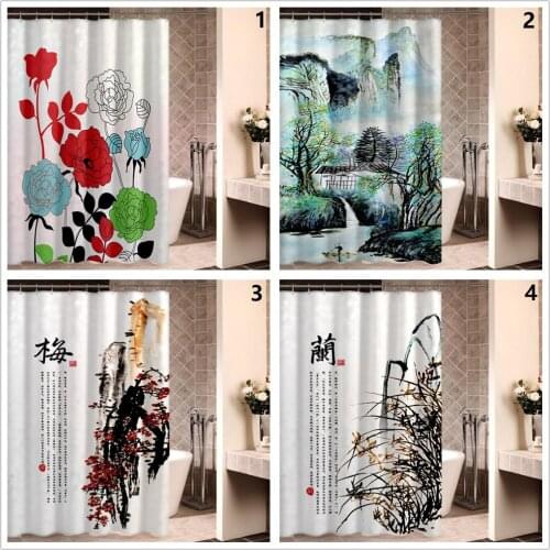 Chinese Style Shower Curtains for Bathroom Waterproof 1 Piece Grommet Plant Print Mildew Proof Hotel Home Decor Curtain Jinya