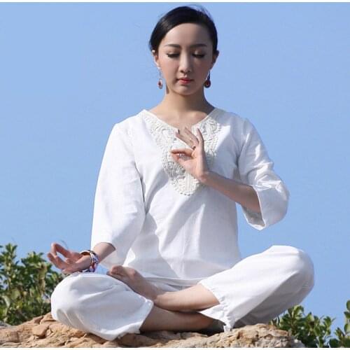 Women Shirt and Pants 2pcs Yoga Suit Gym Clothes Cotton and Linen Fabric Meditation Clothing with Half Sleeves 604