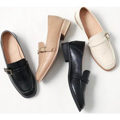 British Small leather shoes for women 2020 slip on wood heels loafers square toe buckle band flats woman preppy girls oxfords