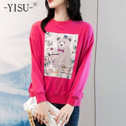 YISU Women Loose Sweater Autumn O-Neck Tops Bear printing Female Knitted pullover Long sleeve Jumper 2021 New Womens clothing