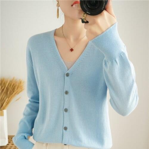 2021 Spring and Autumn Thin Cotton Knit Cardigan Womens V-neck Top Loose Long Sleeve Sweater Jacket Short