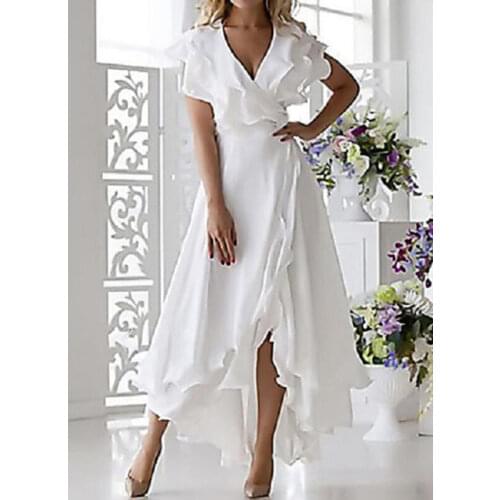 Elegant ruffle wrap dress Women sexy v neck flying sleeve asymmettical split high low maxi dress white vacation dresses 2021
