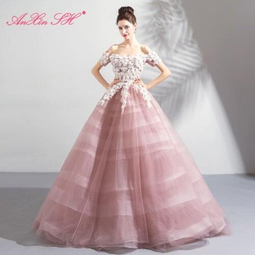 AXJFU luxury princess pink lace white rose flower evening dress vintage boat neck beading ruffles pink bride evening dress 7188
