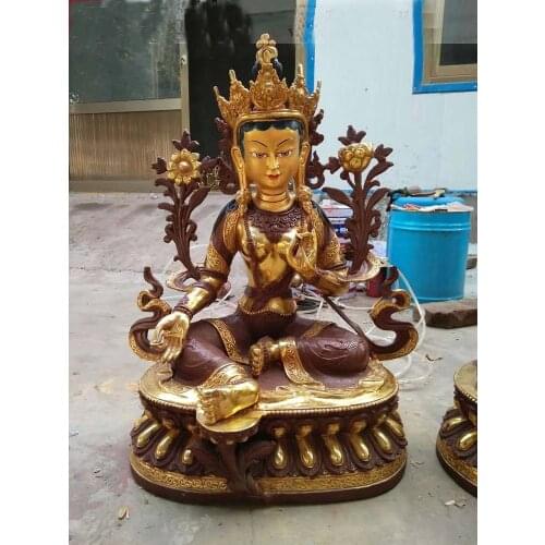65CM LARGE HUGE LARGETEMPLE GOOD BUDDHA HOME LOBBY PROTECTION TIBET GOLD-PLATED LOTUS BODHISATTVA TARA GREEN BUDDHA BRASS STATUE