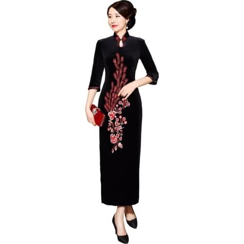 Shanghai Story Velvet Cheongsam Chinese Dress Embroidery Qipao Long