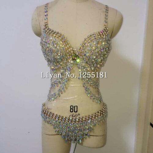 Sequined Rhinestone Crystal Bra Short Chains Punk Costumes Nightclub Singer Dancewear Female Singer Ds Sexy Womens Clothing Set