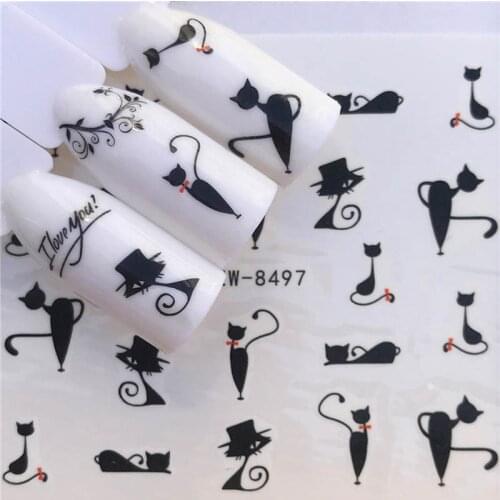 Black cat nail art sticker tattoo ultra thin nail foil for manicure decoration water transfer nail decals FW005
